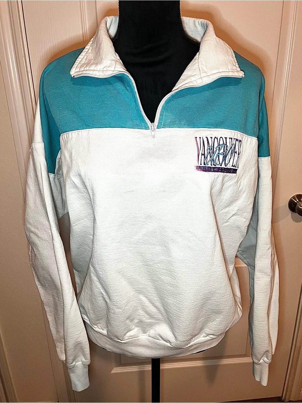 Vintage white & teal quarter-zip sweatshirt Vancouver British Columbia